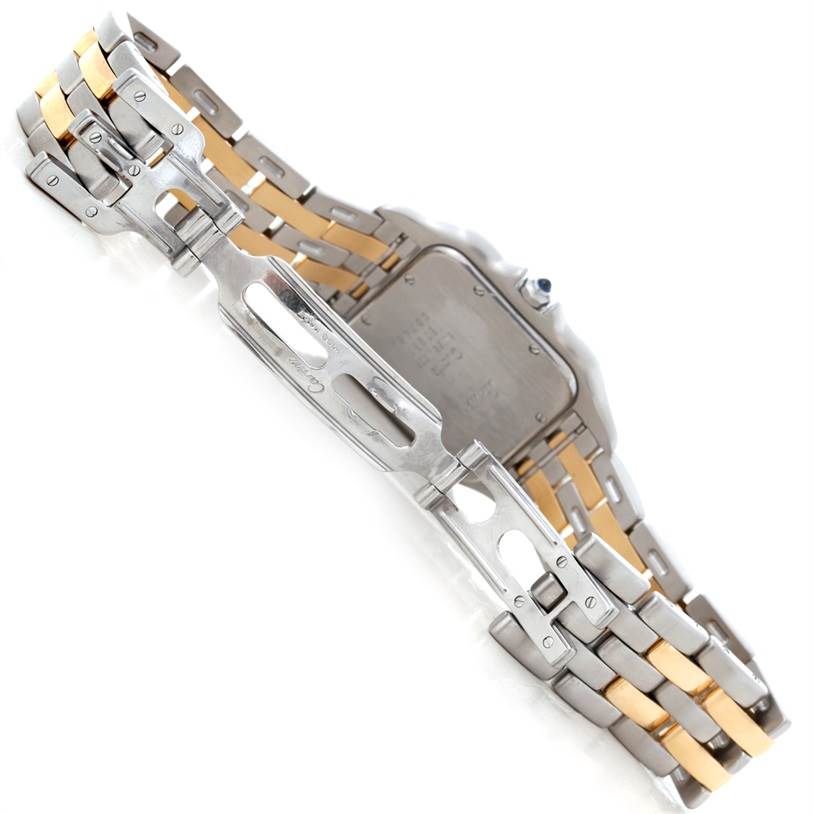 The image shows the back view of the Cartier Panthere Steel and Gold (two tone) Silver Dial Steel and Gold (two tone) Silver Dial watch, highlighting its case back and metal bracelet with a clasp.