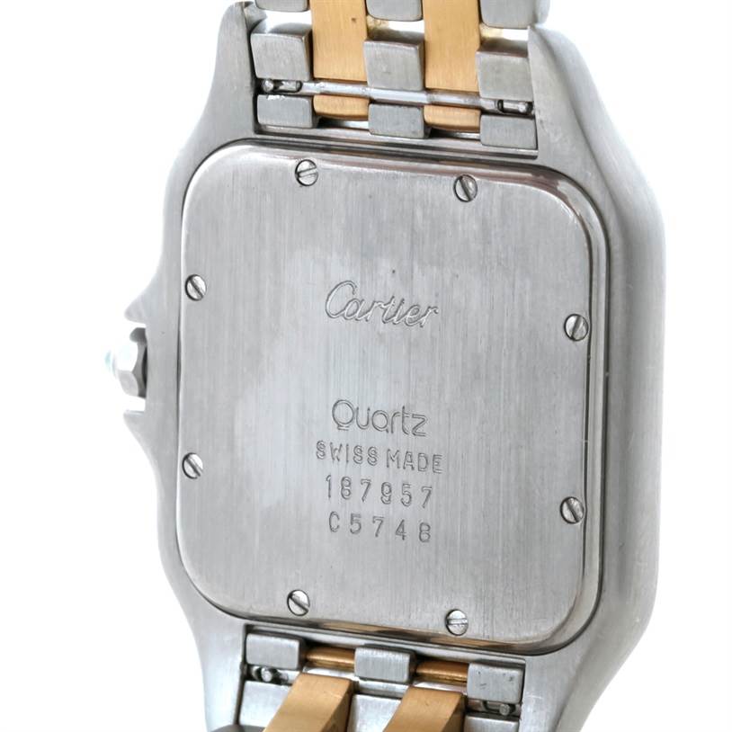 The image shows the back case of the Cartier Panthere Steel and Gold (two tone) Silver Dial Steel and Gold (two tone) Silver Dial watch, displaying the brand name, movement type, and serial number.