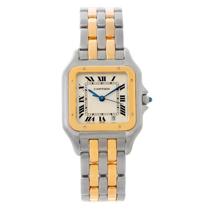 This image shows a Cartier Panthere W25028B6 Steel and Gold (two tone) Beige Dial W25028B6 Steel and Gold (two tone) Beige Dial watch from a front angle, highlighting its face and two-tone band.