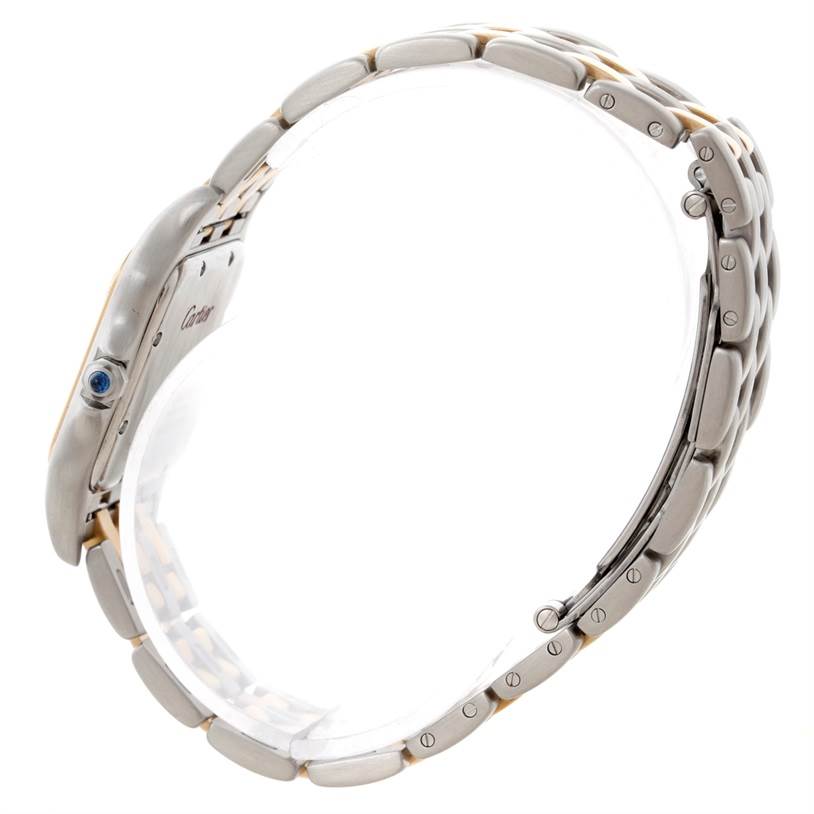 The image shows a side profile of the Cartier Panthere W25028B6 Steel and Gold (two tone) Beige Dial W25028B6 Steel and Gold (two tone) Beige Dial watch, highlighting the metal bracelet and case, including the crown with a blue gem.