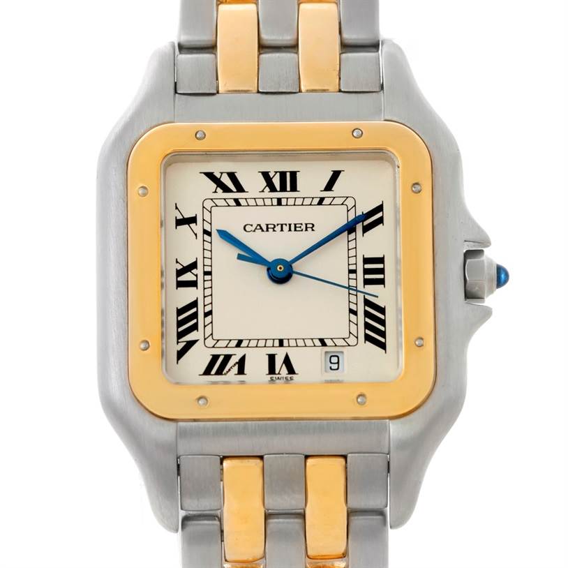 The image shows a front view of the Cartier Panthere W25028B6 Steel and Gold (two tone) Beige Dial W25028B6 Steel and Gold (two tone) Beige Dial watch, highlighting its dial, bezel, and part of the bracelet.