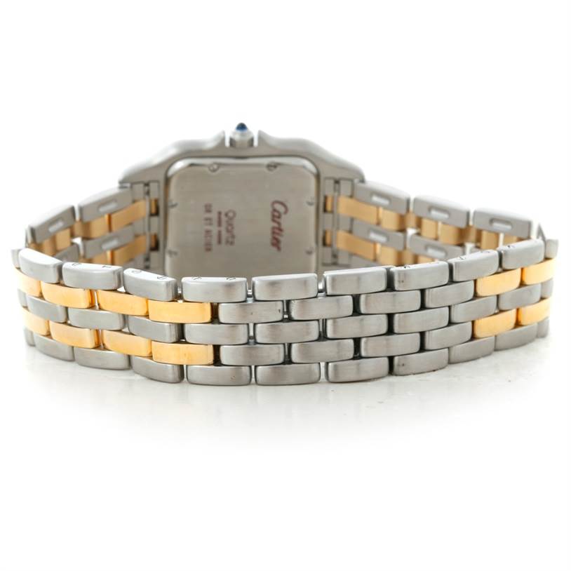 The image shows the back of a Cartier Panthere W25028B6 Steel and Gold (two tone) Beige Dial W25028B6 Steel and Gold (two tone) Beige Dial model watch, highlighting the two-tone bracelet and case back.