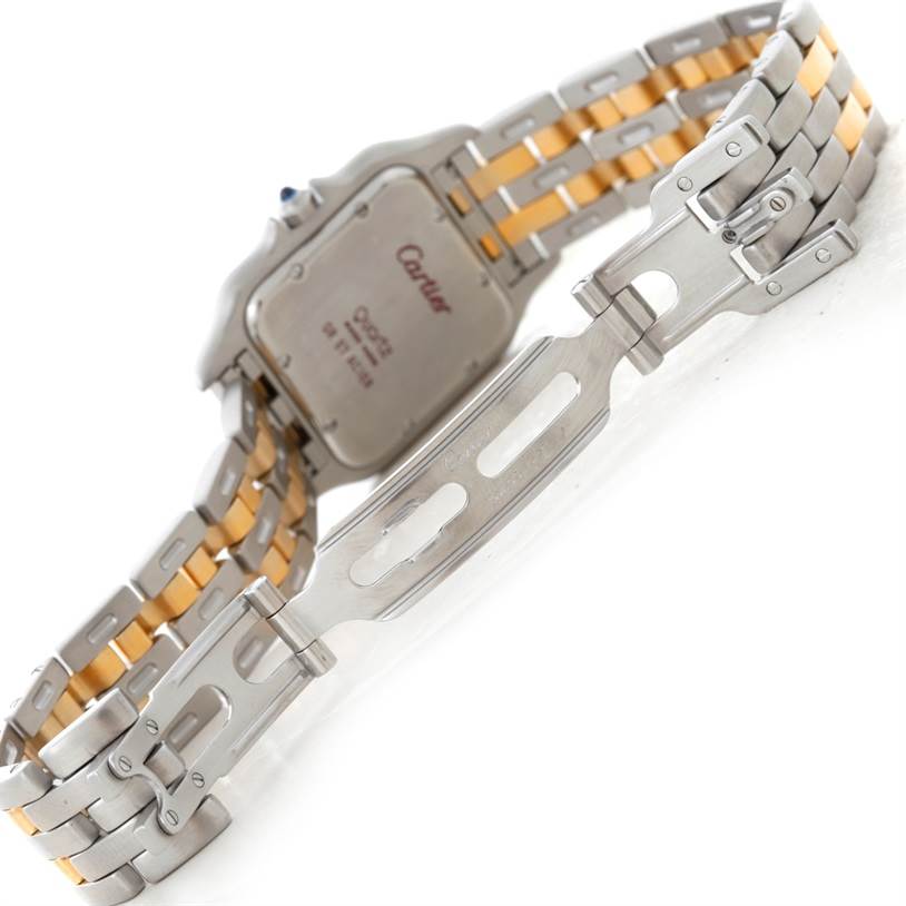 The image shows the back view of the Cartier Panthere W25028B6 Steel and Gold (two tone) Beige Dial W25028B6 Steel and Gold (two tone) Beige Dial watch, highlighting the bracelet and clasp.