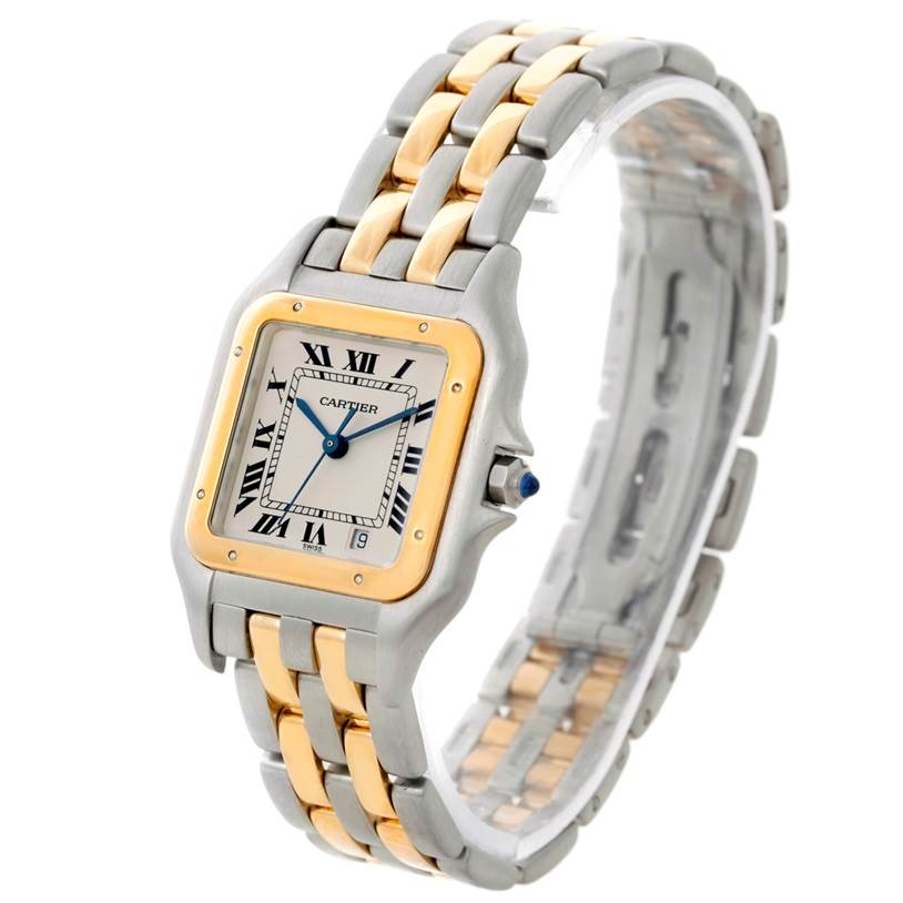 The image shows a Cartier Panthere W25028B6 Steel and Gold (two tone) Beige Dial W25028B6 Steel and Gold (two tone) Beige Dial model watch from an angled side view, highlighting its face and bicolored band.