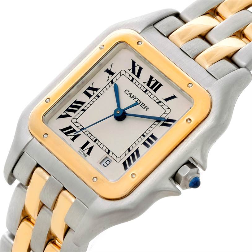 The image shows a close-up of the Panthere de Cartier watch, highlighting its face, bezel, two-tone bracelet, and crown.