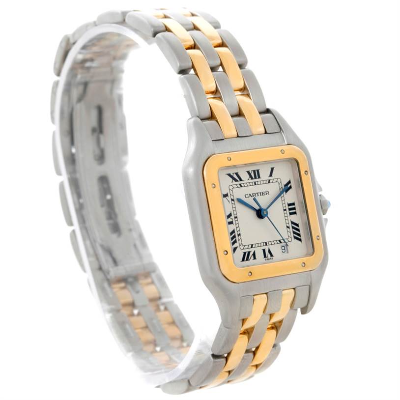 The image shows a Cartier Panthere W25028B6 Steel and Gold (two tone) Beige Dial W25028B6 Steel and Gold (two tone) Beige Dial watch at a slight angle, highlighting the two-tone metal band and square face with Roman numerals.
