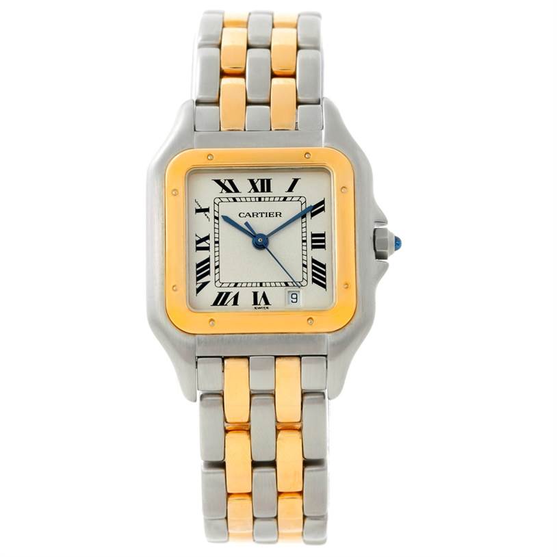 The image shows a front view of a Cartier Panthere W25028B6 Steel and Gold (two tone) Beige Dial W25028B6 Steel and Gold (two tone) Beige Dial watch, highlighting the bracelet, bezel, face, and crown.