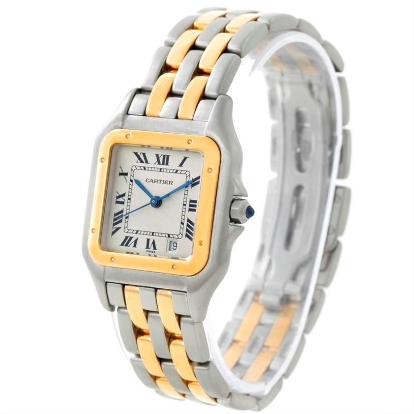 This image shows a Cartier Panthere W25028B6 Steel and Gold (two tone) Beige Dial W25028B6 Steel and Gold (two tone) Beige Dial watch from a front-side angle, highlighting its two-tone strap and square face with Roman numerals.