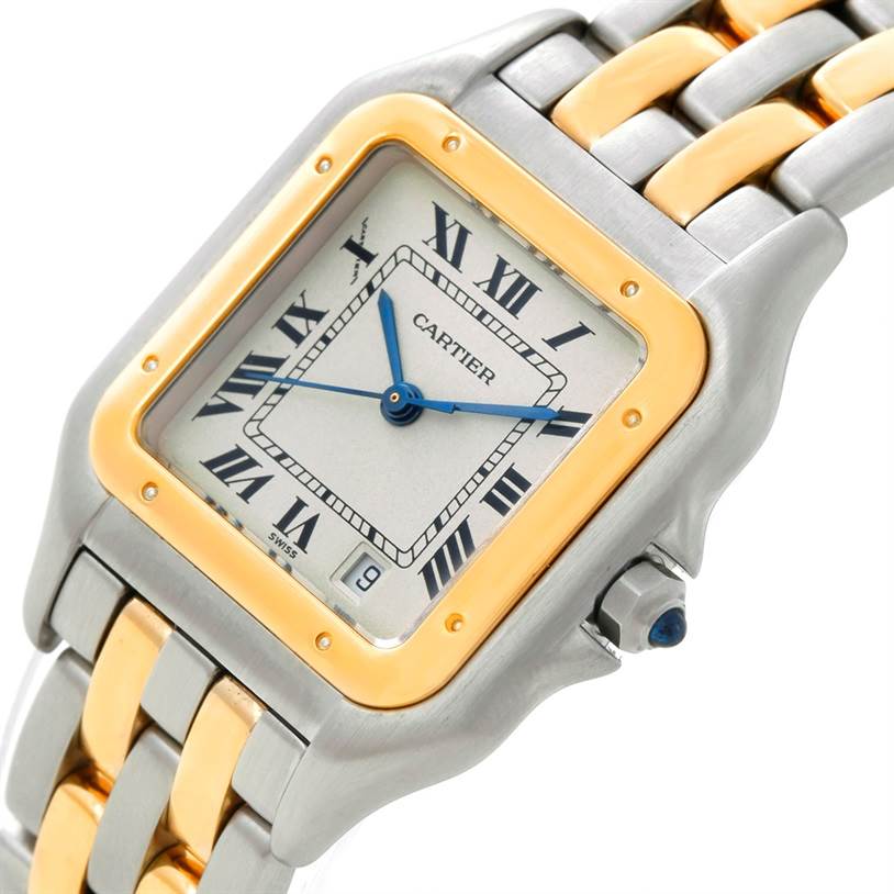 The image shows a close-up of a Cartier Panthere W25028B6 Steel and Gold (two tone) Beige Dial W25028B6 Steel and Gold (two tone) Beige Dial watch, highlighting its face, bezel, and part of the two-tone bracelet.