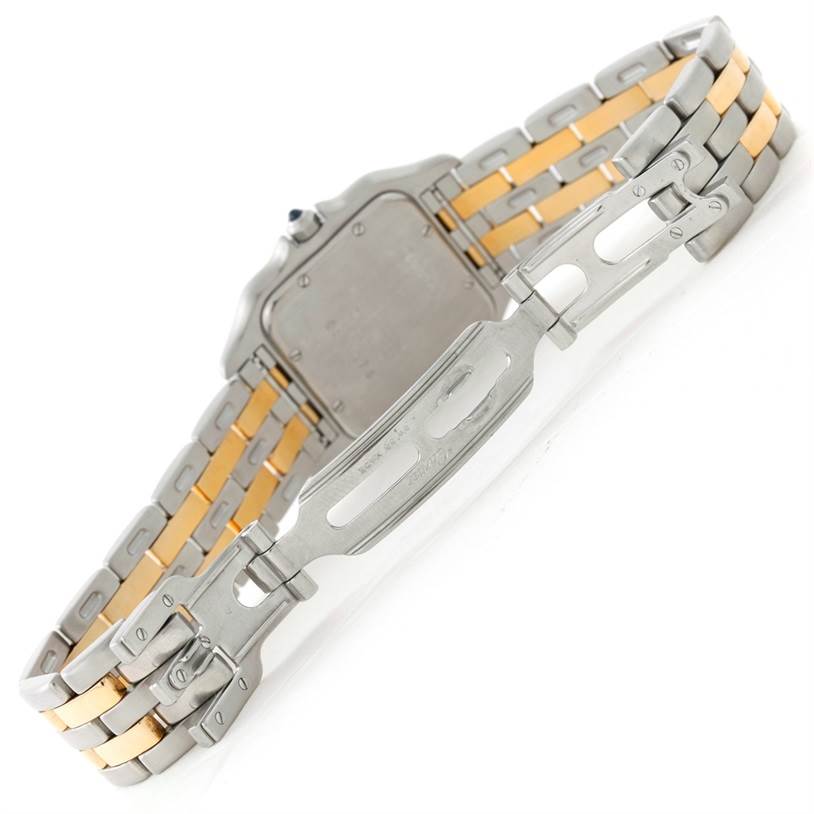 The image shows the back view of the Cartier Panthere W25028B6 Steel and Gold (two tone) Beige Dial W25028B6 Steel and Gold (two tone) Beige Dial watch, focusing on its clasp and two-tone metal bracelet.