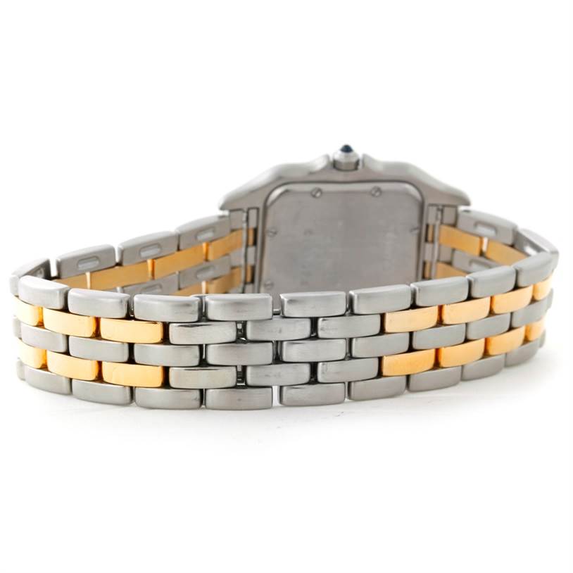 This image shows the back case and two-tone bracelet of the Cartier Panthère watch at a rear angle.