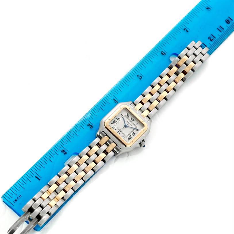 The Cartier Panthere W25028B6 Steel and Gold (two tone) Beige Dial W25028B6 Steel and Gold (two tone) Beige Dial watch is displayed flat, showing its face, bracelet, and a ruler for size reference.