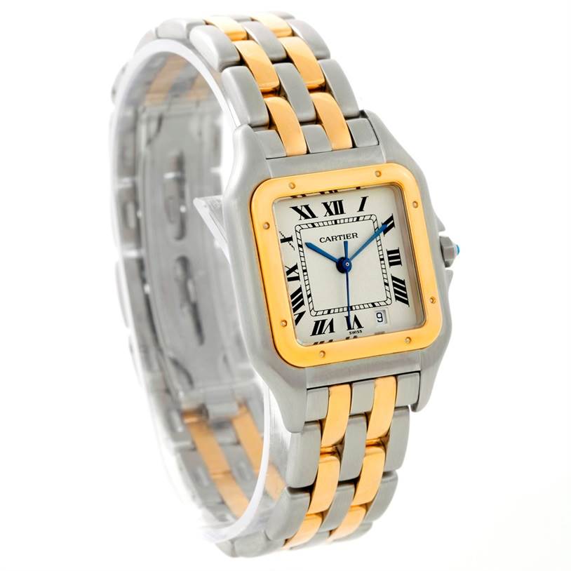 This image shows a Cartier Panthere W25028B6 Steel and Gold (two tone) Beige Dial W25028B6 Steel and Gold (two tone) Beige Dial watch at a slight angle, highlighting its two-tone metal band and square face with Roman numerals.