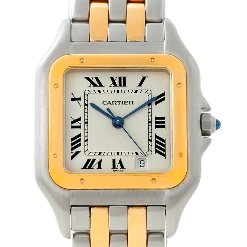 This image shows a close-up, front view of the Cartier Panthere W25028B6 Steel and Gold (two tone) Beige Dial W25028B6 Steel and Gold (two tone) Beige Dial watch, highlighting its face, bezel, and part of the bracelet.