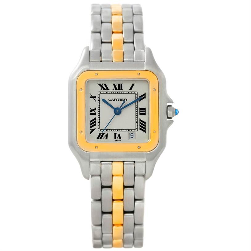 The image displays a front view of a Cartier Panthere W25028B5 Steel and Gold (two tone) Silver Dial W25028B5 Steel and Gold (two tone) Silver Dial watch, highlighting the face, bezel, and bracelet.