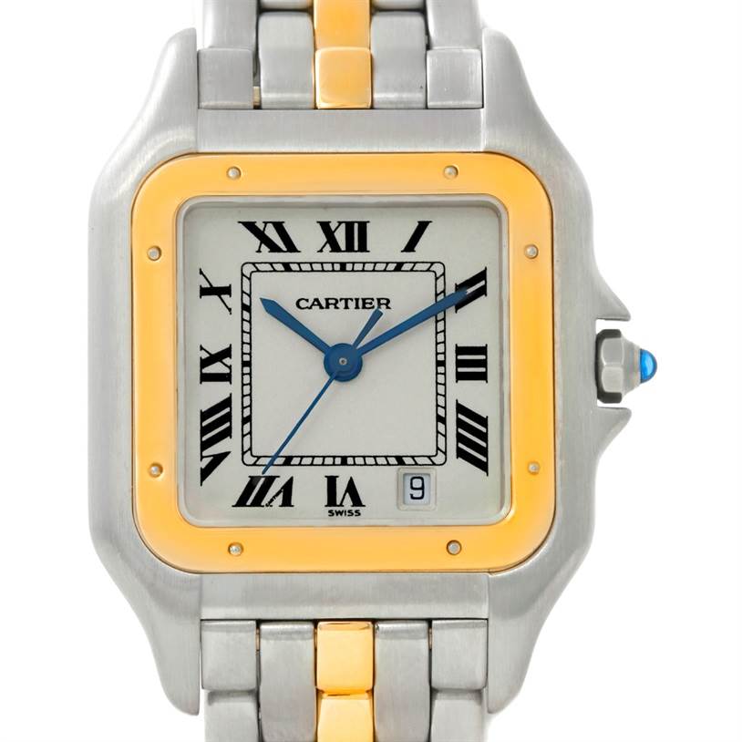 The image shows a front view of a Cartier Panthere W25028B5 Steel and Gold (two tone) Silver Dial W25028B5 Steel and Gold (two tone) Silver Dial watch, highlighting its face, bezel, and part of the bracelet.