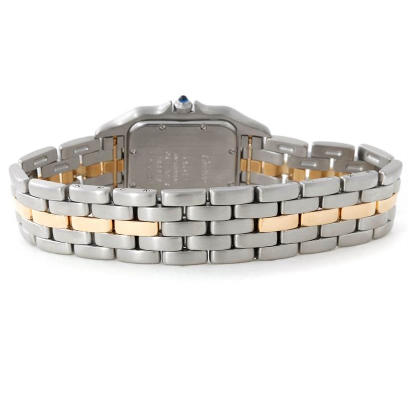 The image shows the rear view of the band and case back of a Cartier Panthere W25028B5 Steel and Gold (two tone) Silver Dial W25028B5 Steel and Gold (two tone) Silver Dial model watch.