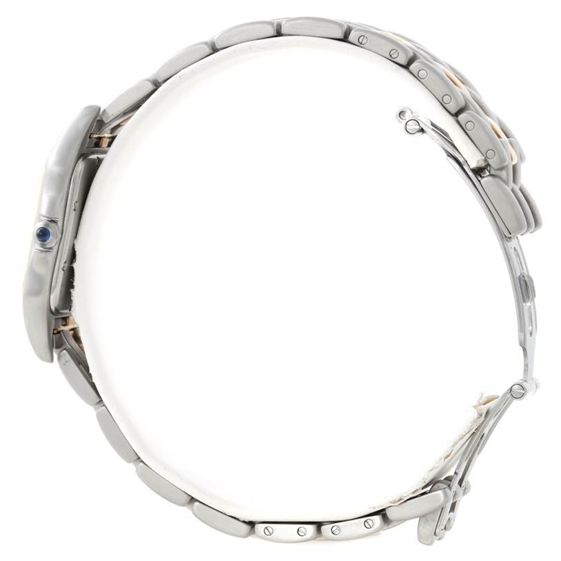 The Cartier Panthere W25028B5 Steel and Gold (two tone) Silver Dial W25028B5 Steel and Gold (two tone) Silver Dial watch is depicted in a side view, highlighting the case profile and bracelet links.