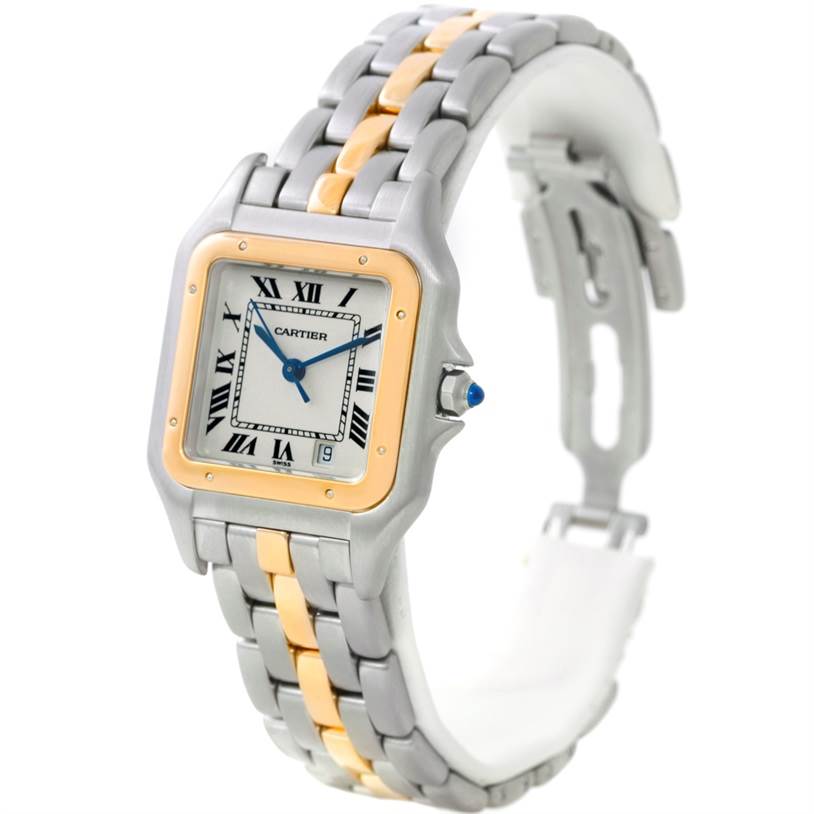 The image shows a Cartier Panthere W25028B5 Steel and Gold (two tone) Silver Dial W25028B5 Steel and Gold (two tone) Silver Dial watch at an angled view, highlighting its face, band, clasp, and crown.