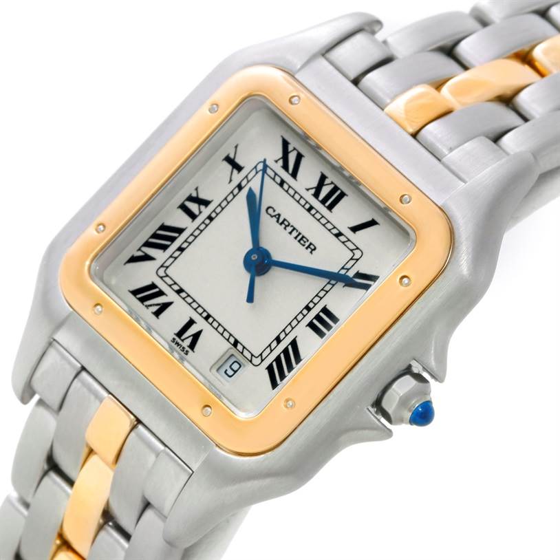 This image shows a Cartier Panthere W25028B5 Steel and Gold (two tone) Silver Dial W25028B5 Steel and Gold (two tone) Silver Dial watch at an angle, highlighting its dial, bezel, crown, and metal band.