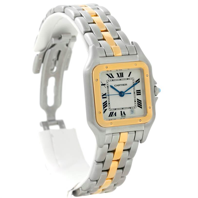 The image shows a Cartier Panthere W25028B5 Steel and Gold (two tone) Silver Dial W25028B5 Steel and Gold (two tone) Silver Dial model watch, with a two-tone metal bracelet and a square face viewed at an angle.