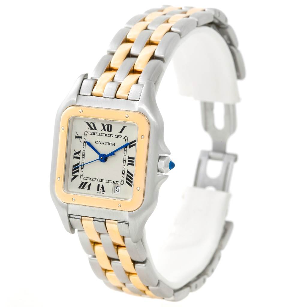 The Cartier Panthere W25028B6 Steel and Gold (two tone) Silver Dial W25028B6 Steel and Gold (two tone) Silver Dial watch is shown at a three-quarter angle, displaying its two-tone bracelet and square face with Roman numerals.