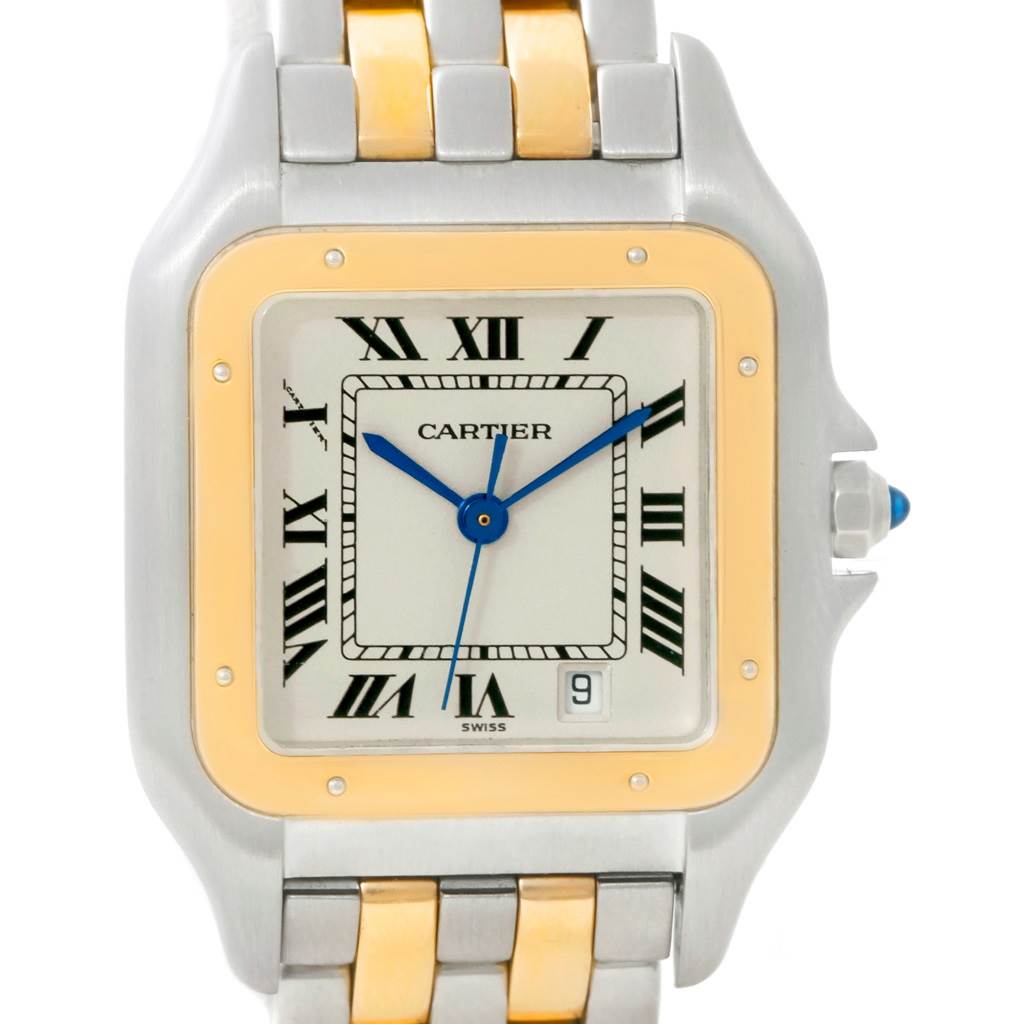 The image shows a close-up of the dial, bezel, and part of the bracelet of a Cartier Panthere W25028B6 Steel and Gold (two tone) Silver Dial W25028B6 Steel and Gold (two tone) Silver Dial watch.
