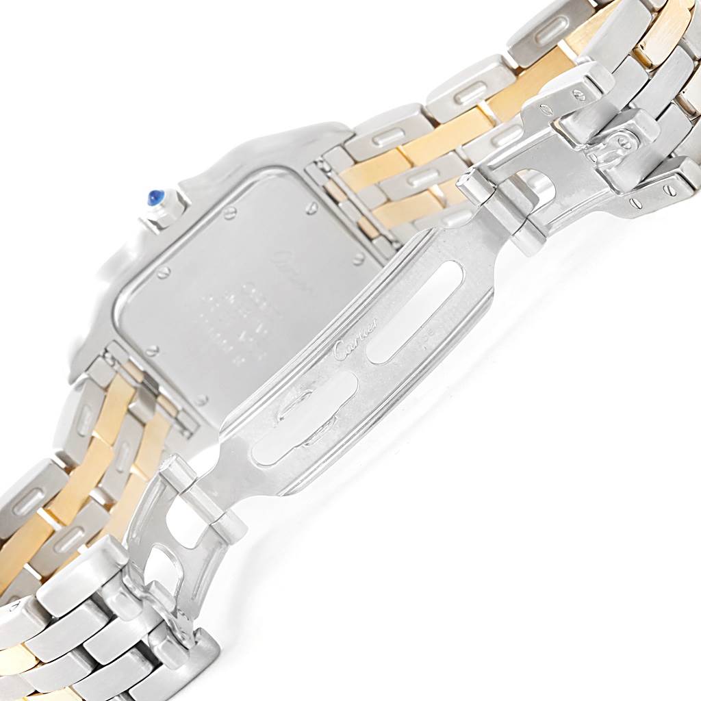 The image shows the back of a Cartier Panthere W25028B6 Steel and Gold (two tone) Silver Dial W25028B6 Steel and Gold (two tone) Silver Dial watch, highlighting its bracelet and clasp.