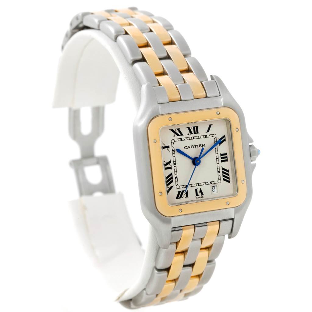 This image shows a Cartier Panthère watch at a three-quarter angle, highlighting its two-tone bracelet and square face with Roman numerals.