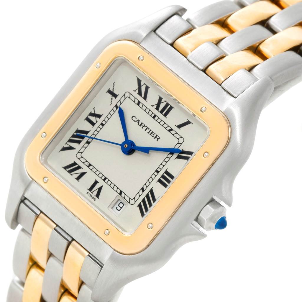 This Cartier Panthere W25028B6 Steel and Gold (two tone) Silver Dial W25028B6 Steel and Gold (two tone) Silver Dial watch is shown at a close-up angle, highlighting its face, bezel, Roman numerals, and two-tone bracelet.