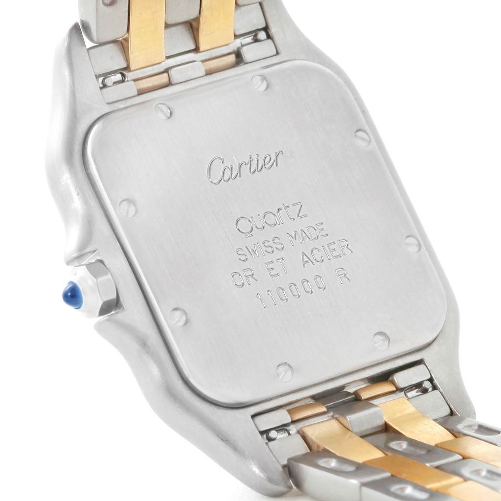 The image shows the back case and part of the bracelet of a Cartier Panthere W25028B6 Steel and Gold (two tone) Silver Dial W25028B6 Steel and Gold (two tone) Silver Dial watch.