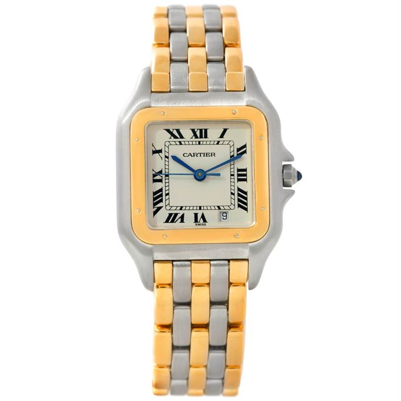 This image shows a frontal view of the Panthere model by Cartier, highlighting its two-tone metal bracelet and square face with Roman numerals.
