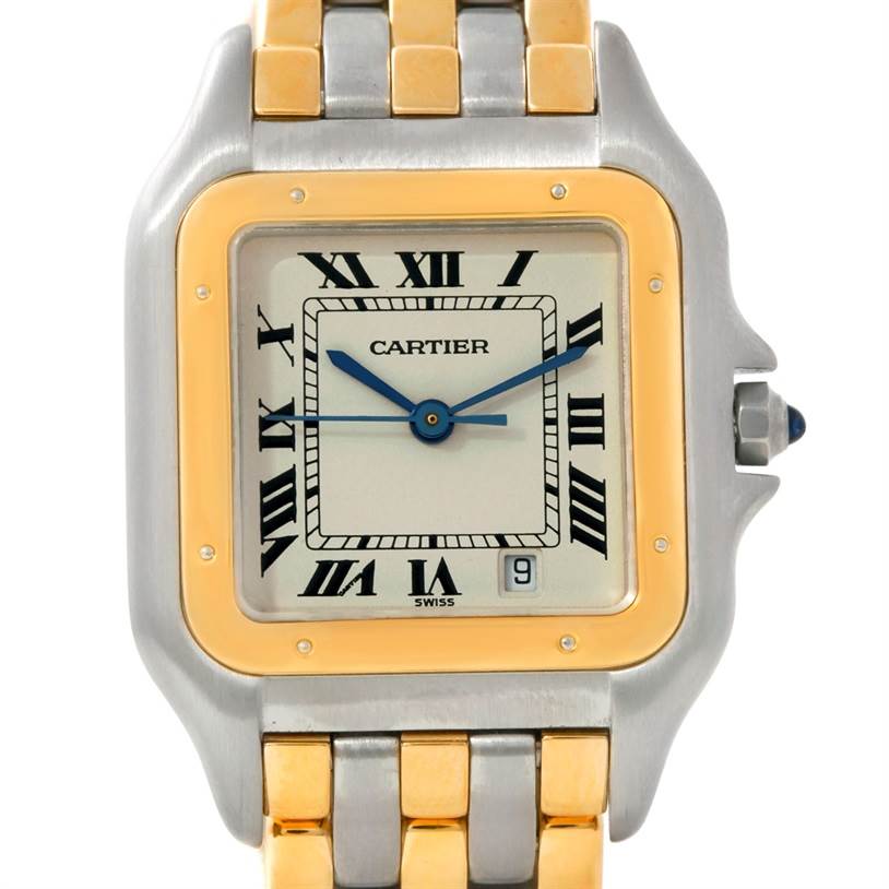 This Cartier Panthere W25028B8 Steel and Gold (two tone) Beige Dial W25028B8 Steel and Gold (two tone) Beige Dial watch is shown from the front, highlighting the dial, two-tone bracelet, and bezel.