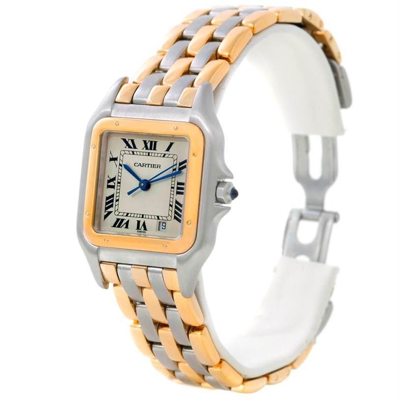 The image shows a Cartier Panthere W25028B8 Steel and Gold (two tone) Beige Dial W25028B8 Steel and Gold (two tone) Beige Dial watch at an angle, displaying its square face, roman numerals, two-tone band, and side crown.