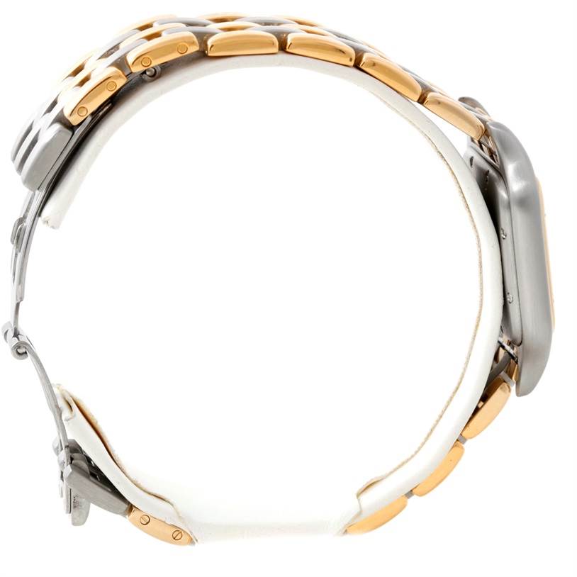 The image shows a side view of the Cartier Panthere W25028B8 Steel and Gold (two tone) Beige Dial W25028B8 Steel and Gold (two tone) Beige Dial watch, highlighting its two-tone bracelet and case.