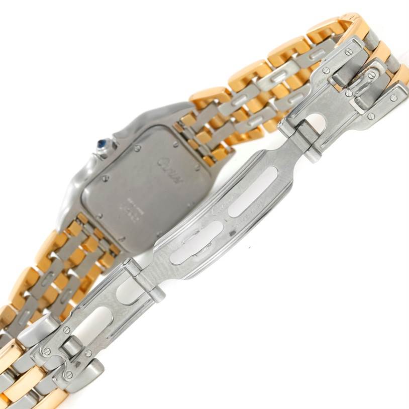 This image shows the back angle of the Cartier Panthère watch, highlighting its clasp and bracelet.