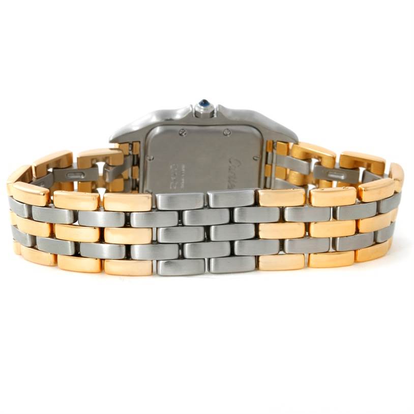 The image shows the back view of a Cartier Panthere W25028B8 Steel and Gold (two tone) Beige Dial W25028B8 Steel and Gold (two tone) Beige Dial model watch, highlighting its two-tone metal bracelet.