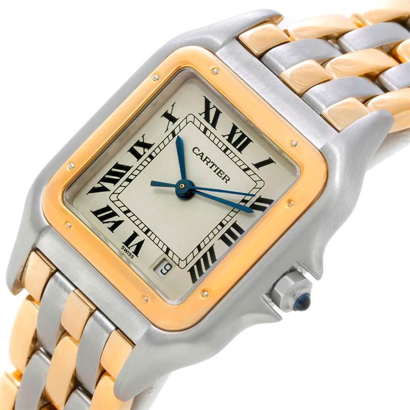 This image shows a close-up angle of the Cartier Panthere W25028B8 Steel and Gold (two tone) Beige Dial W25028B8 Steel and Gold (two tone) Beige Dial model watch, highlighting its square face, Roman numerals, and two-tone bracelet.