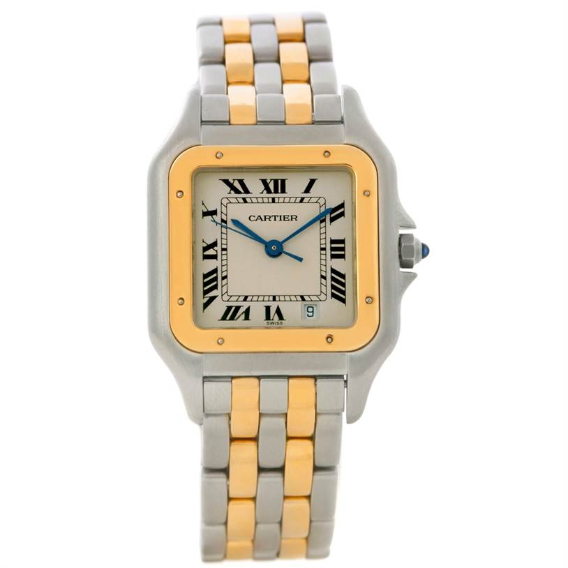 This image shows a frontal view of the Cartier Panthere W25028B6 Steel and Gold (two tone) Beige Dial W25028B6 Steel and Gold (two tone) Beige Dial watch, displaying its face, bezel, and bracelet.