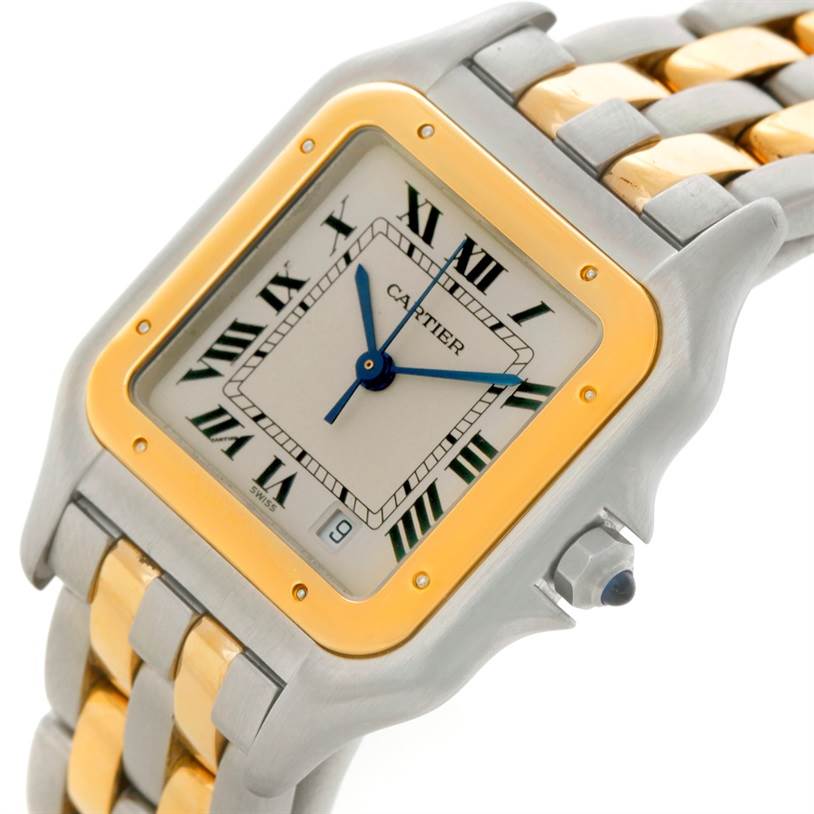 The image shows a close-up of the Cartier Panthere W25028B6 Steel and Gold (two tone) Beige Dial W25028B6 Steel and Gold (two tone) Beige Dial watch, highlighting the dial, bezel, and part of the two-tone bracelet.