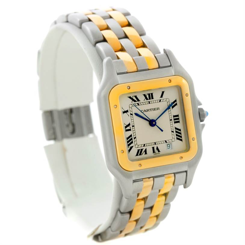 This image shows a Cartier Panthere W25028B6 Steel and Gold (two tone) Beige Dial W25028B6 Steel and Gold (two tone) Beige Dial watch at an angle where the face, bezel, and part of the two-tone bracelet are visible.