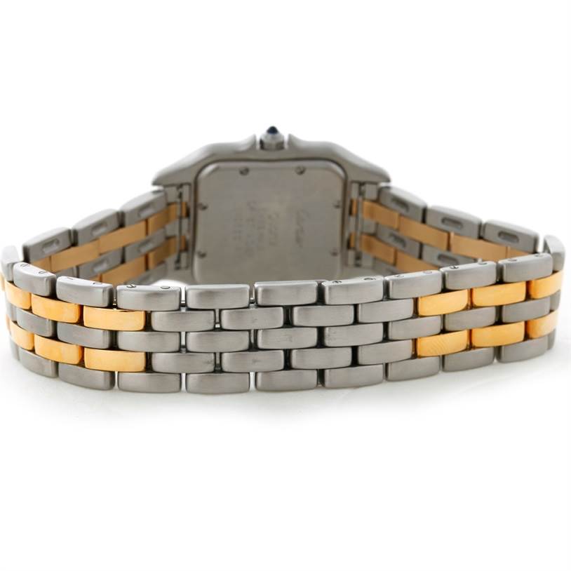 This image shows the back view of a Cartier Panthere W25028B6 Steel and Gold (two tone) Beige Dial W25028B6 Steel and Gold (two tone) Beige Dial model watch, focusing on its two-tone metal bracelet and case back.