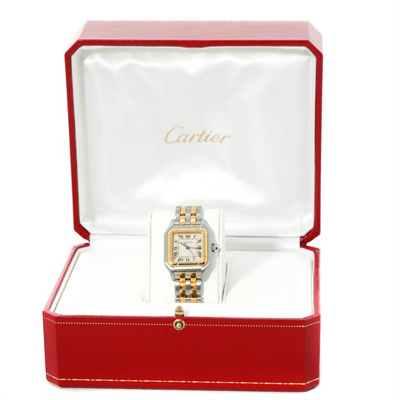The Cartier Panthere W25028B6 Steel and Gold (two tone) Beige Dial W25028B6 Steel and Gold (two tone) Beige Dial watch is shown from the front inside a red Cartier box.