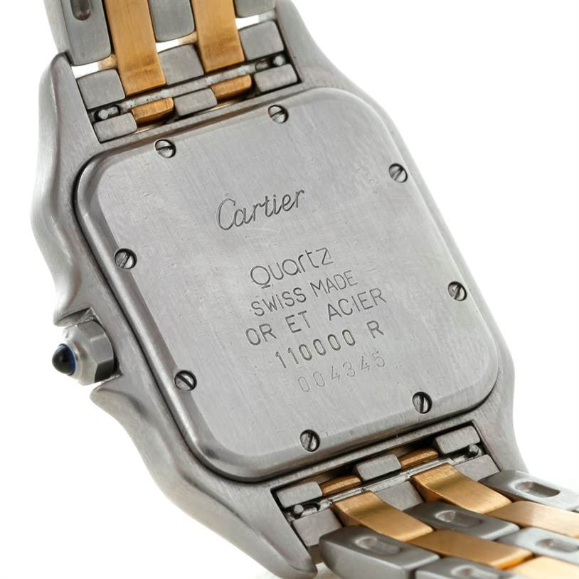 The image shows the back of the Cartier Panthere W25028B6 Steel and Gold (two tone) Beige Dial W25028B6 Steel and Gold (two tone) Beige Dial watch, including its caseback and part of the bracelet.