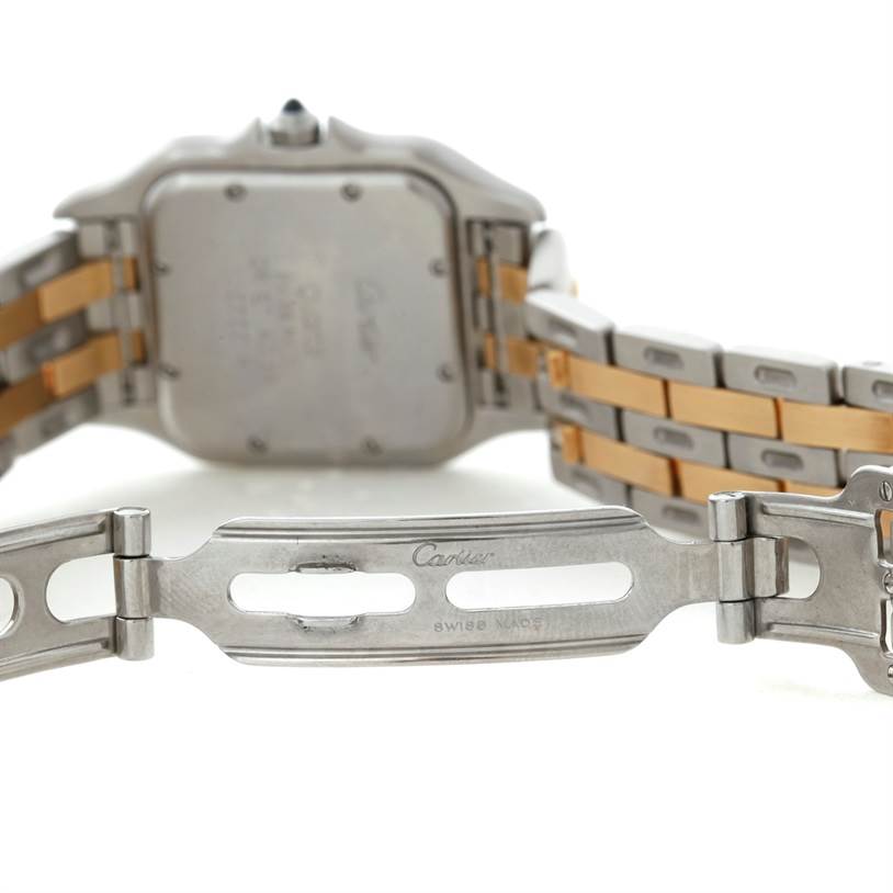 The image shows the back case and clasp of a Cartier Panthere W25028B6 Steel and Gold (two tone) Beige Dial W25028B6 Steel and Gold (two tone) Beige Dial model watch, highlighting the bracelet and closure mechanism.
