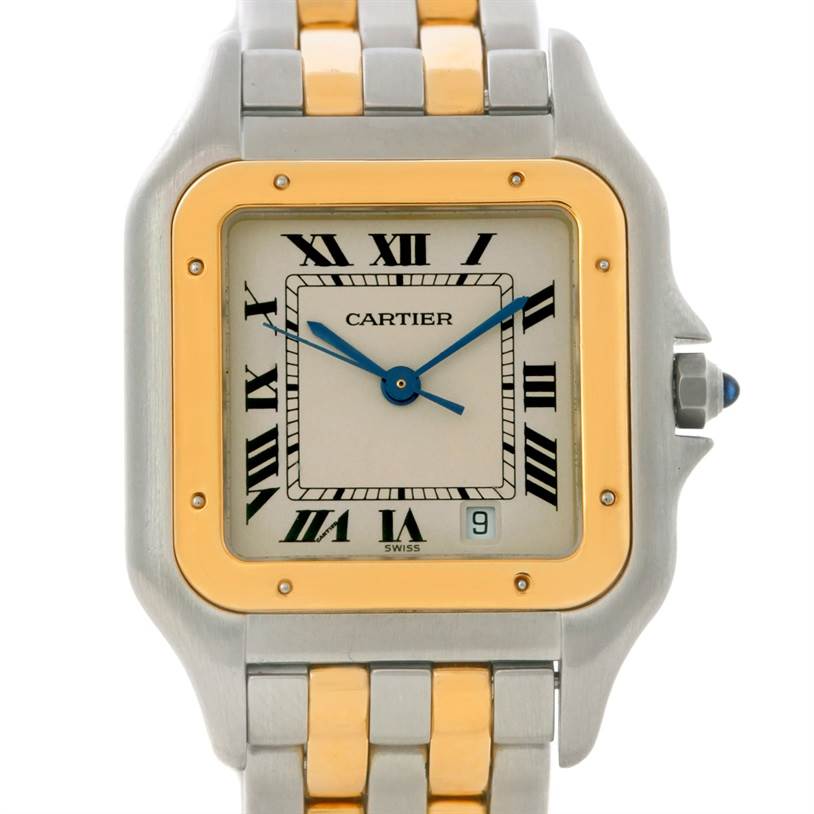 The image shows a front view of the Cartier Panthere W25028B6 Steel and Gold (two tone) Beige Dial W25028B6 Steel and Gold (two tone) Beige Dial watch, highlighting its two-tone bracelet, square face, and Roman numeral dial.