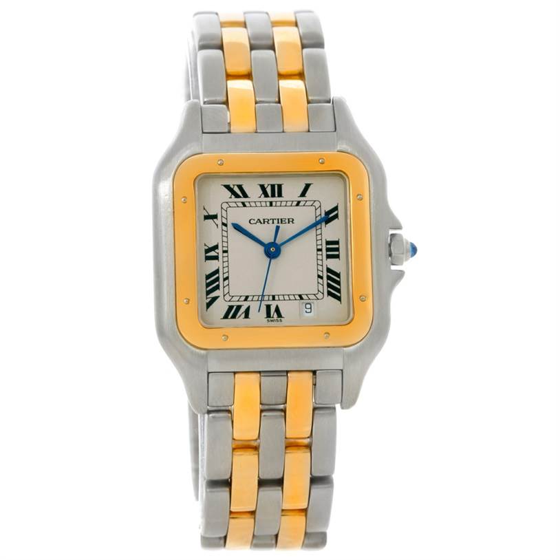 The image shows a front view of a Cartier Panthere W25028B6 Steel and Gold (two tone) Beige Dial W25028B6 Steel and Gold (two tone) Beige Dial watch, highlighting its two-tone bracelet and square face with Roman numerals.