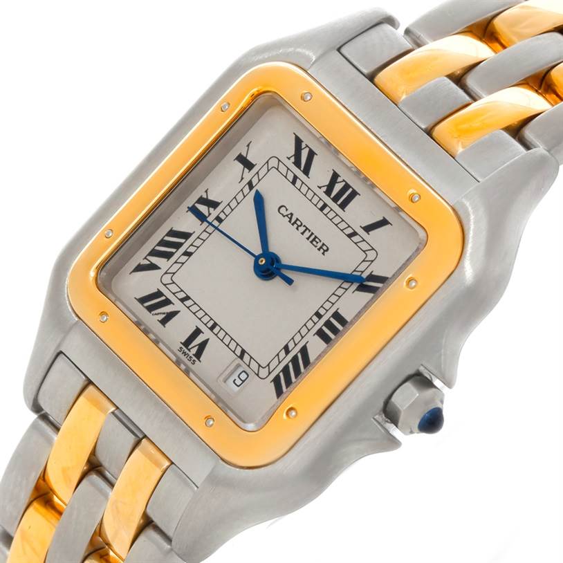 The image shows a Cartier Panthere W25028B6 Steel and Gold (two tone) Beige Dial W25028B6 Steel and Gold (two tone) Beige Dial watch at an angle, highlighting its face, bezel, and part of the bracelet.