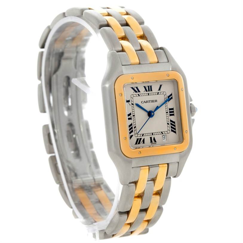 This image shows the Cartier Panthere W25028B6 Steel and Gold (two tone) Beige Dial W25028B6 Steel and Gold (two tone) Beige Dial model watch from a three-quarter angle, highlighting its face, bezel, and two-tone bracelet.
