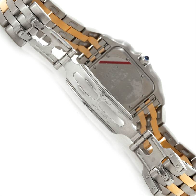 The image depicts the back case and clasp of a Cartier Panthere W25028B6 Steel and Gold (two tone) Beige Dial W25028B6 Steel and Gold (two tone) Beige Dial watch, showing the metal bracelet in detail.
